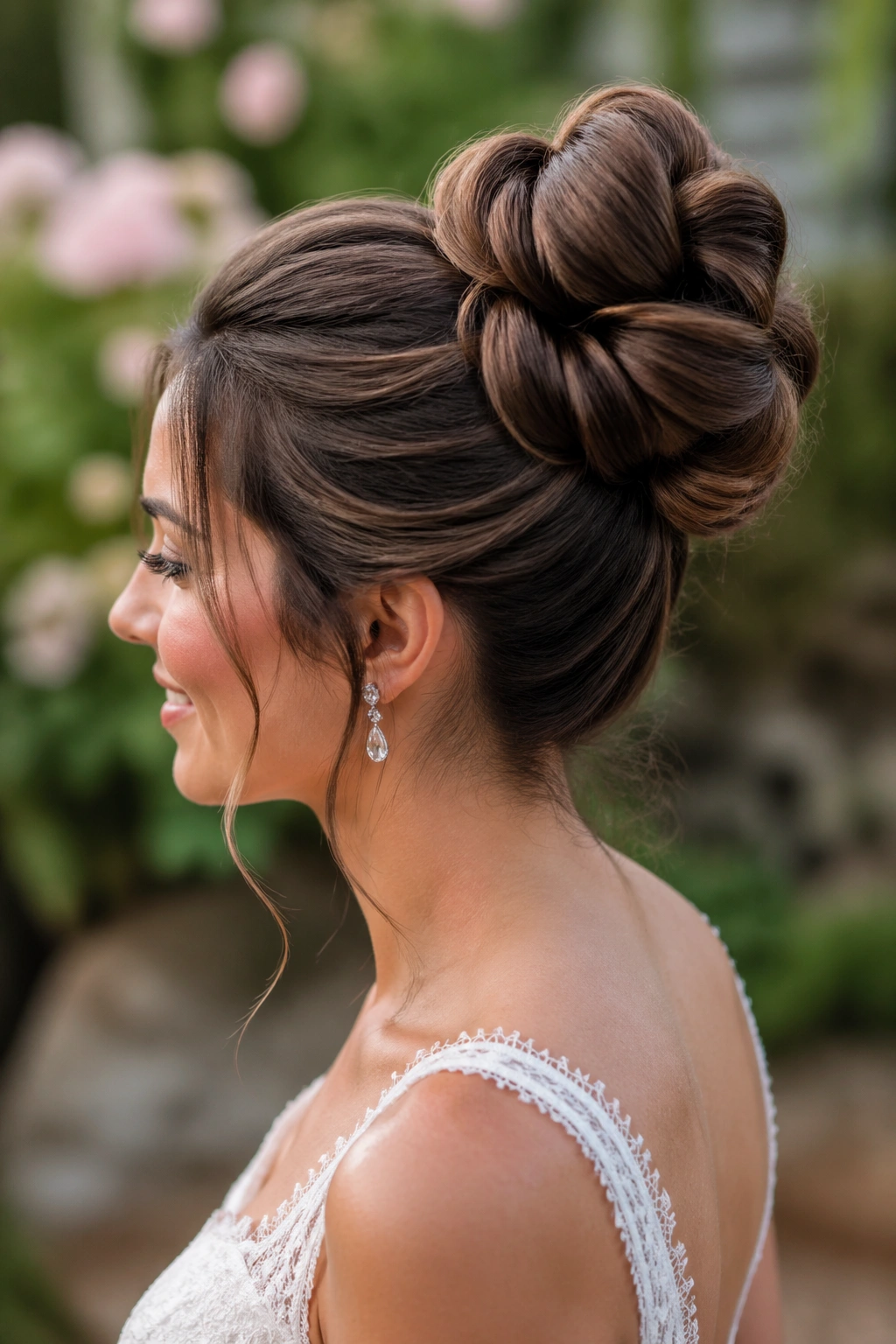 Side-profile of a real bride with a bubble bun wrapped loops in a garden