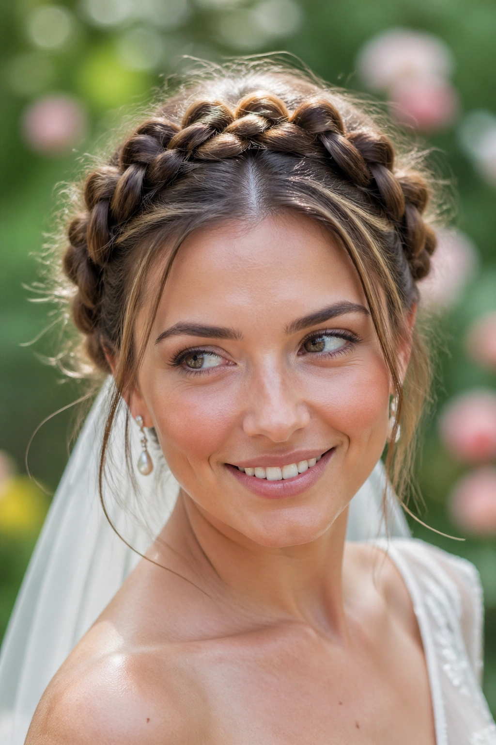 Bride with bubble crown halo hairstyle outdoors