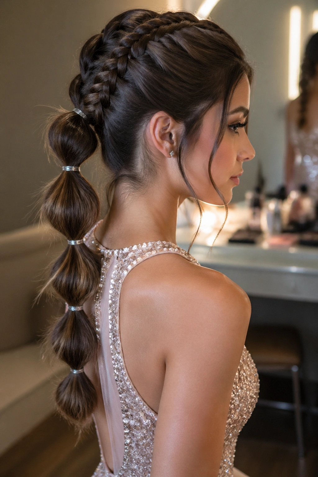 Close-up of Bubble-Dragon Hybrid braid on a real woman