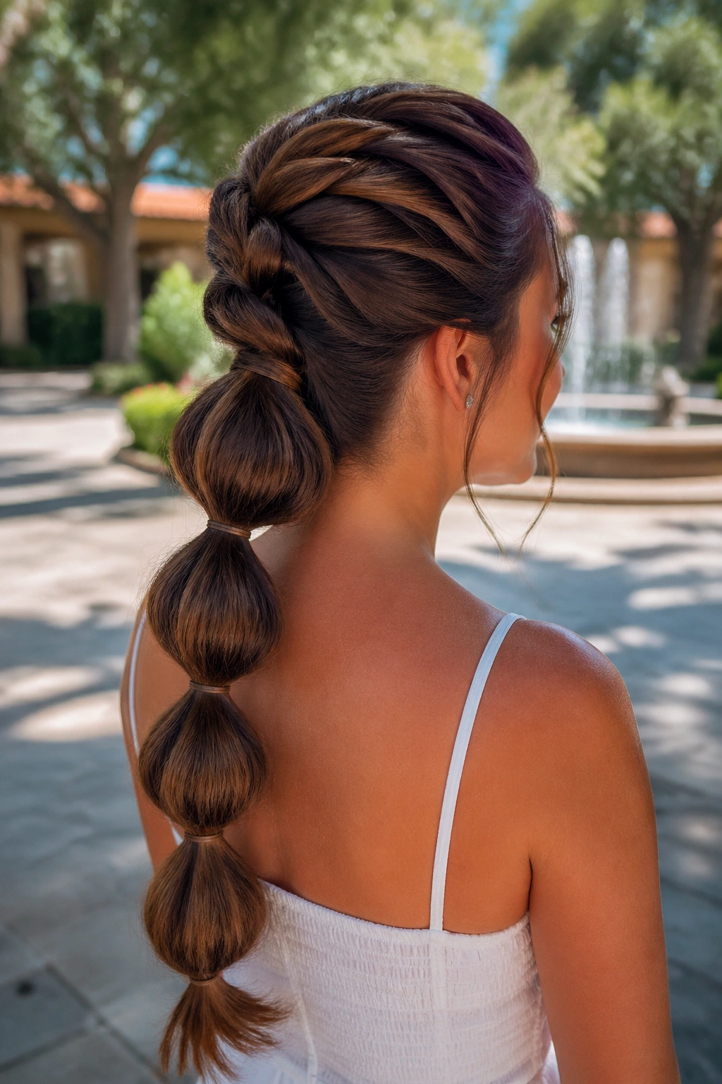 Close-up of a real woman with a bubble-ended French braid ponytail