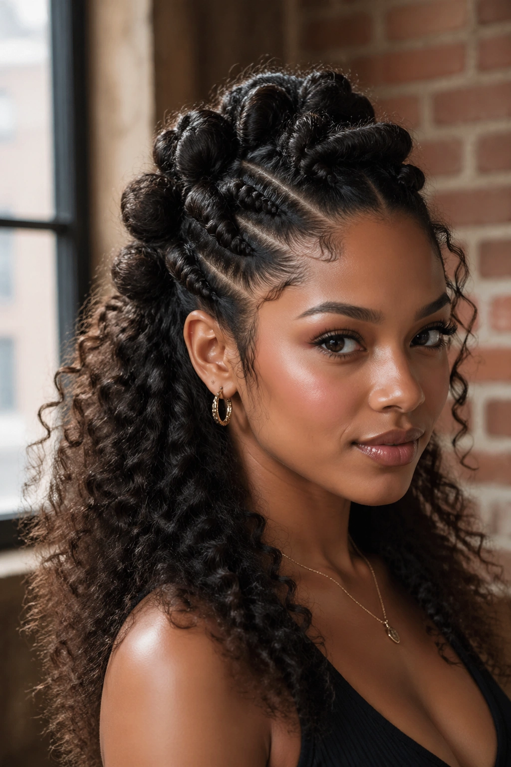 Close-up portrait of a real woman with Bubble Mohawk Half-Up hairstyle