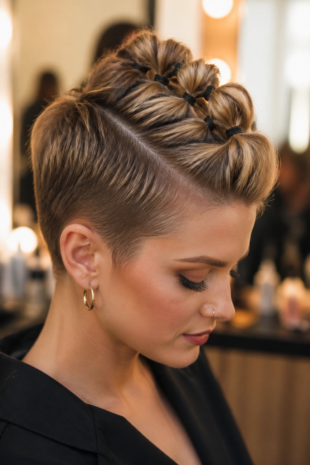 Portrait of a real person with a bubble mohawk on a short pixie cut.