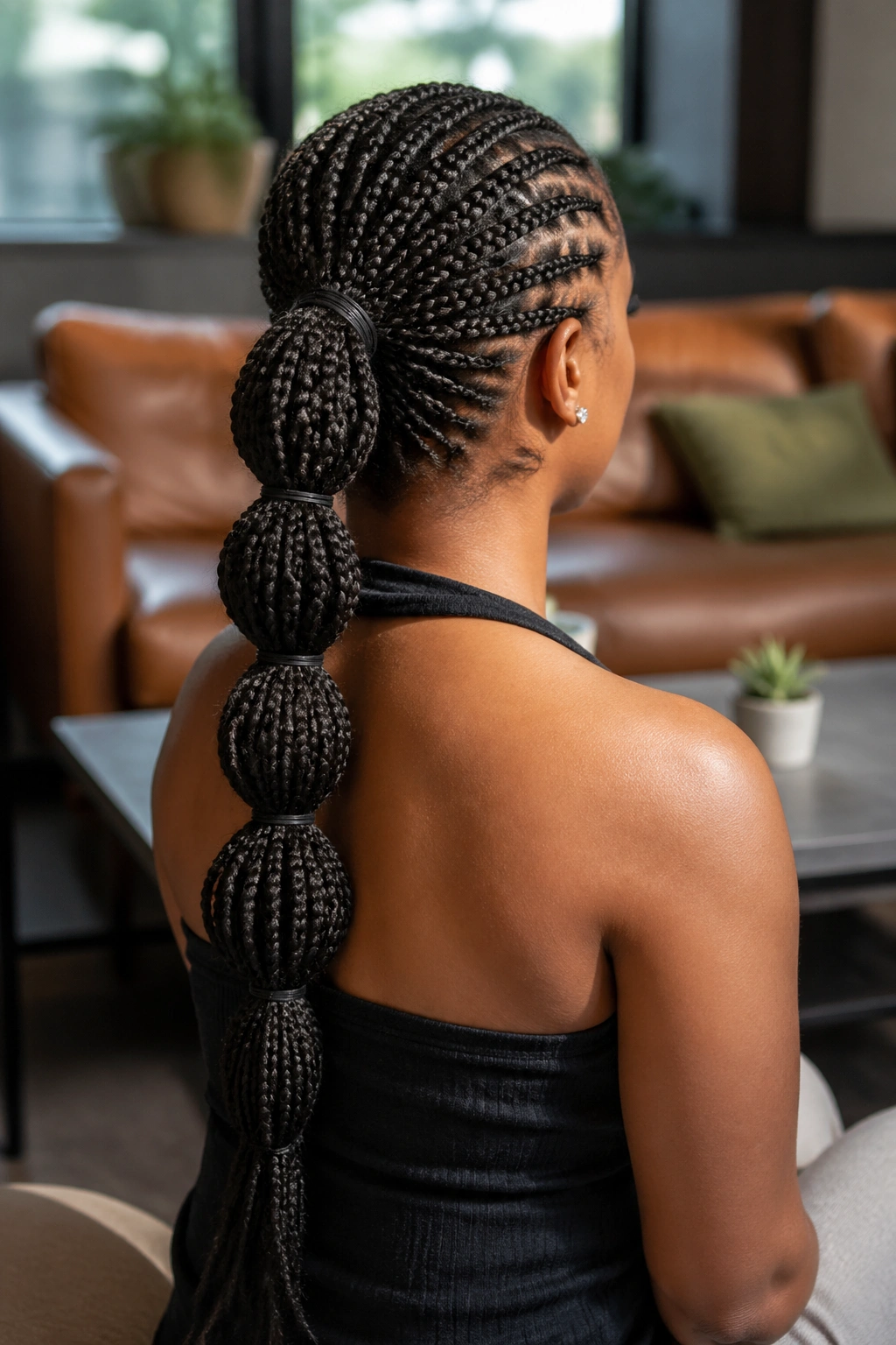 Rear view of a real person with a bubble ponytail down the back.