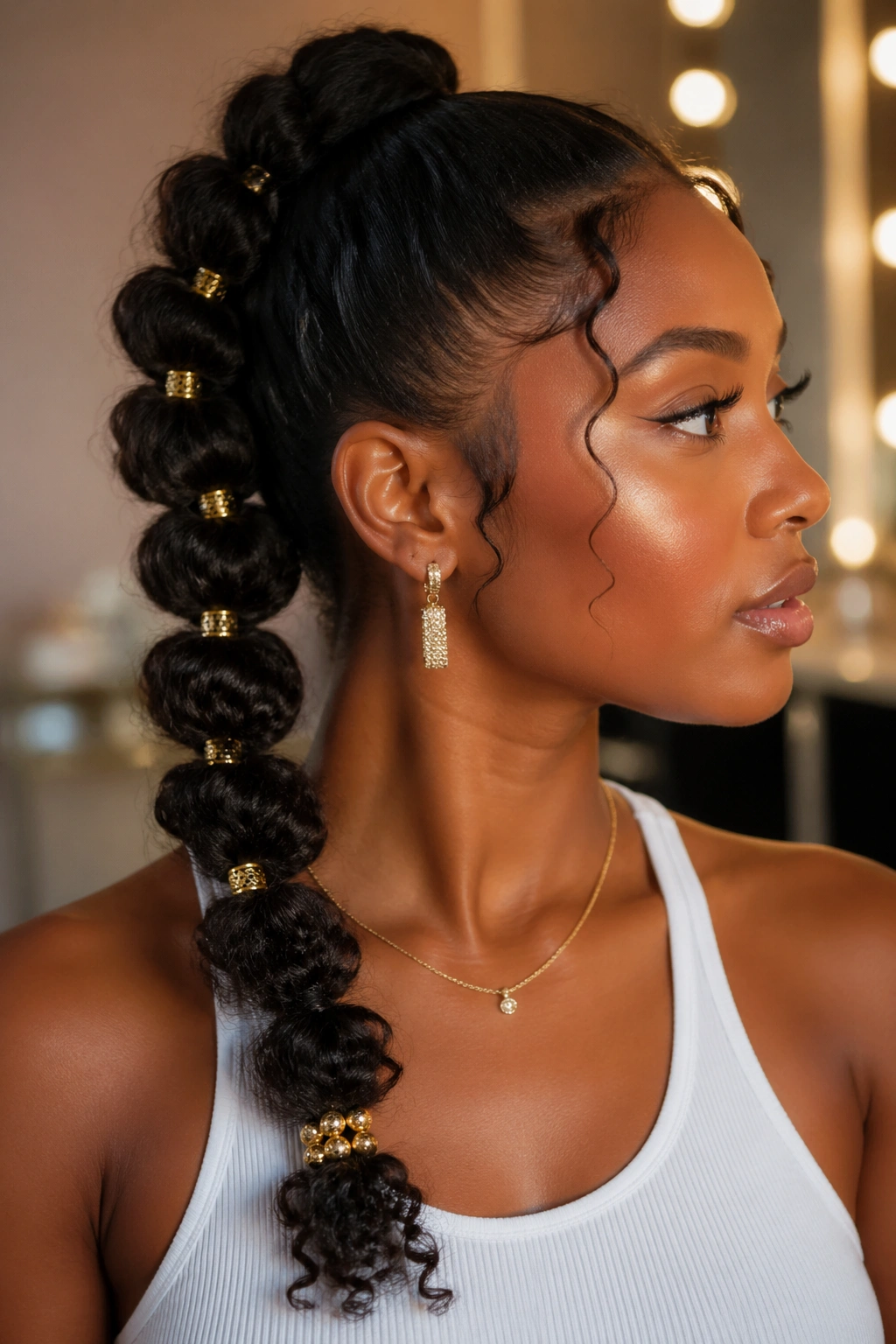 Real woman with bubble ponytail beads cuffs in soft lighting