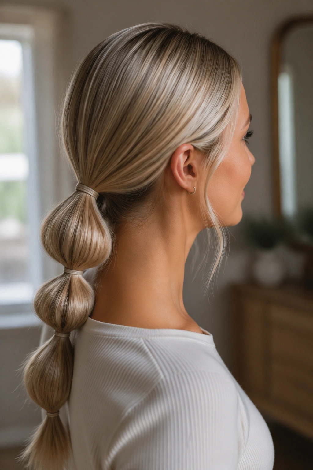 Profile of a real woman with a low bubble ponytail in blonde hair.