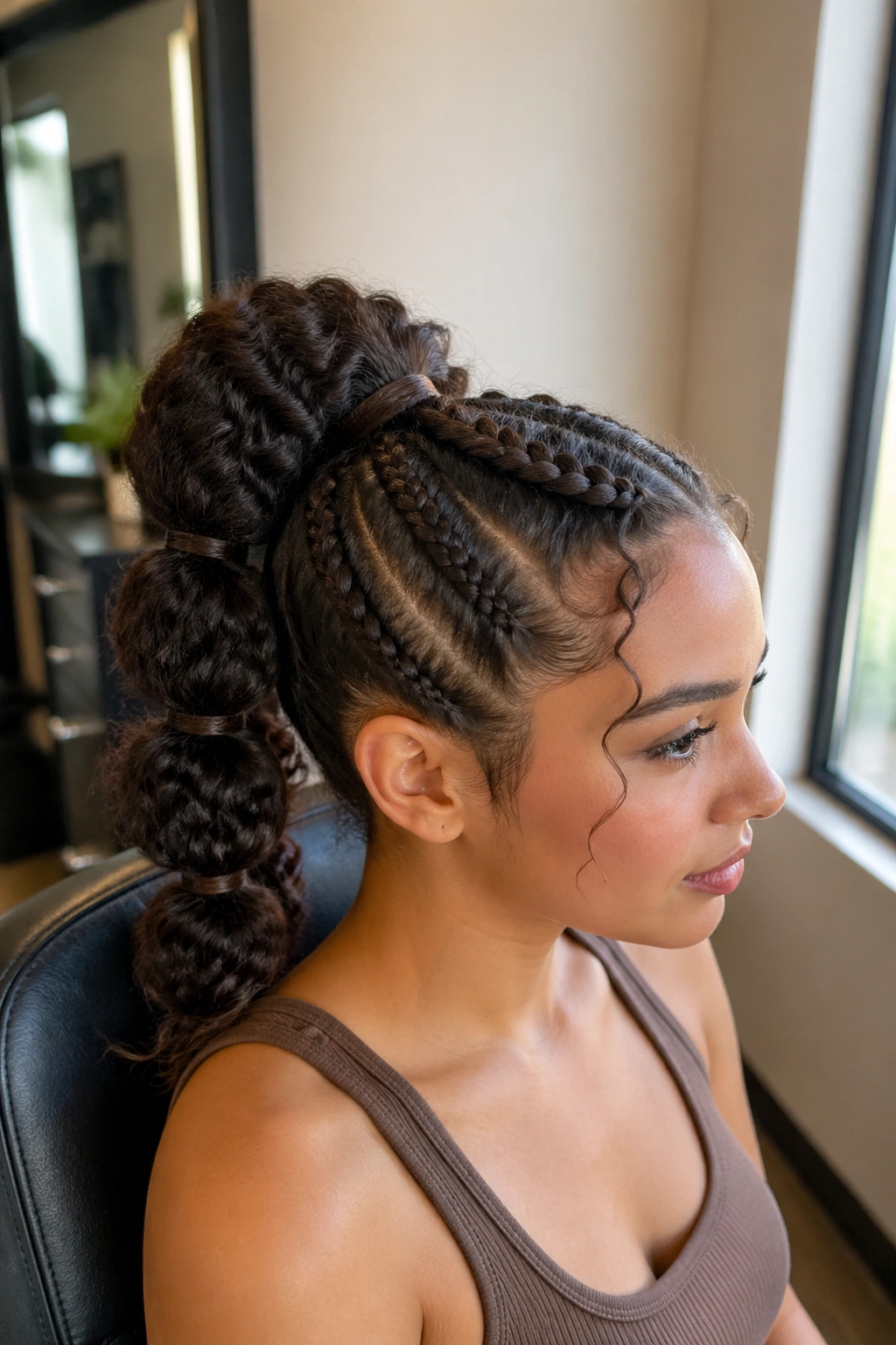 Close-up of real woman with bubble ponytail and braided sides in a salon
