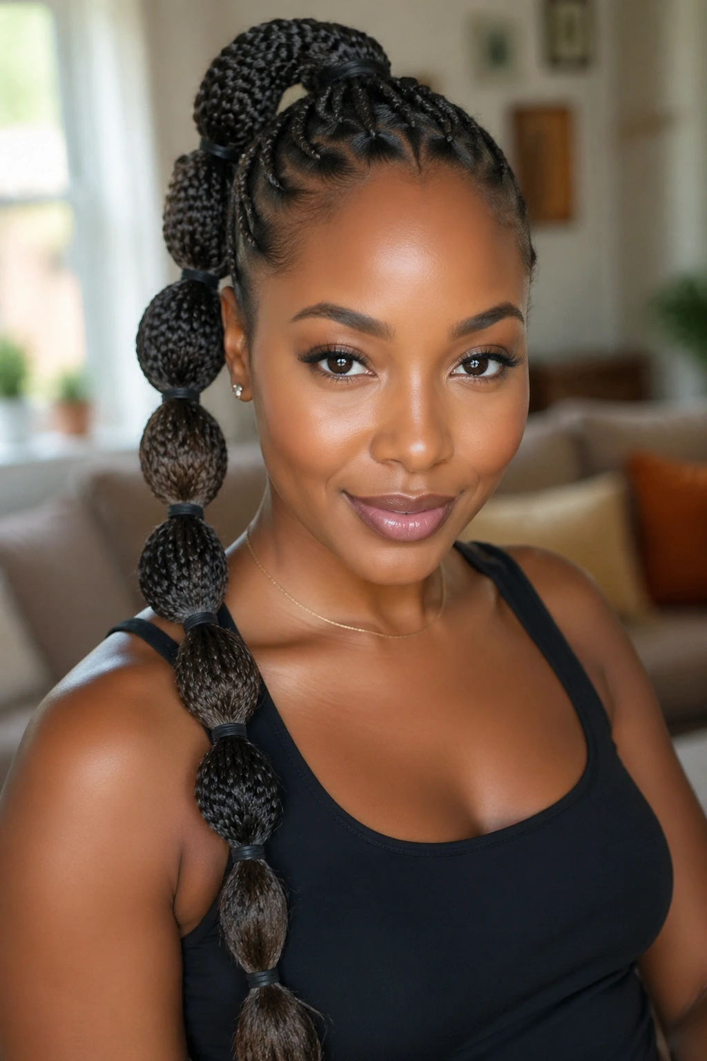 Real woman with bubble ponytail created by elastic sections in box braids.