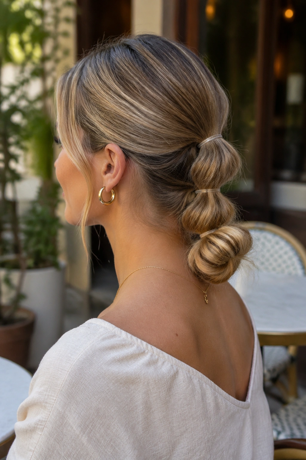 Close-up of a woman with bubble ponytail bun and bubble segments