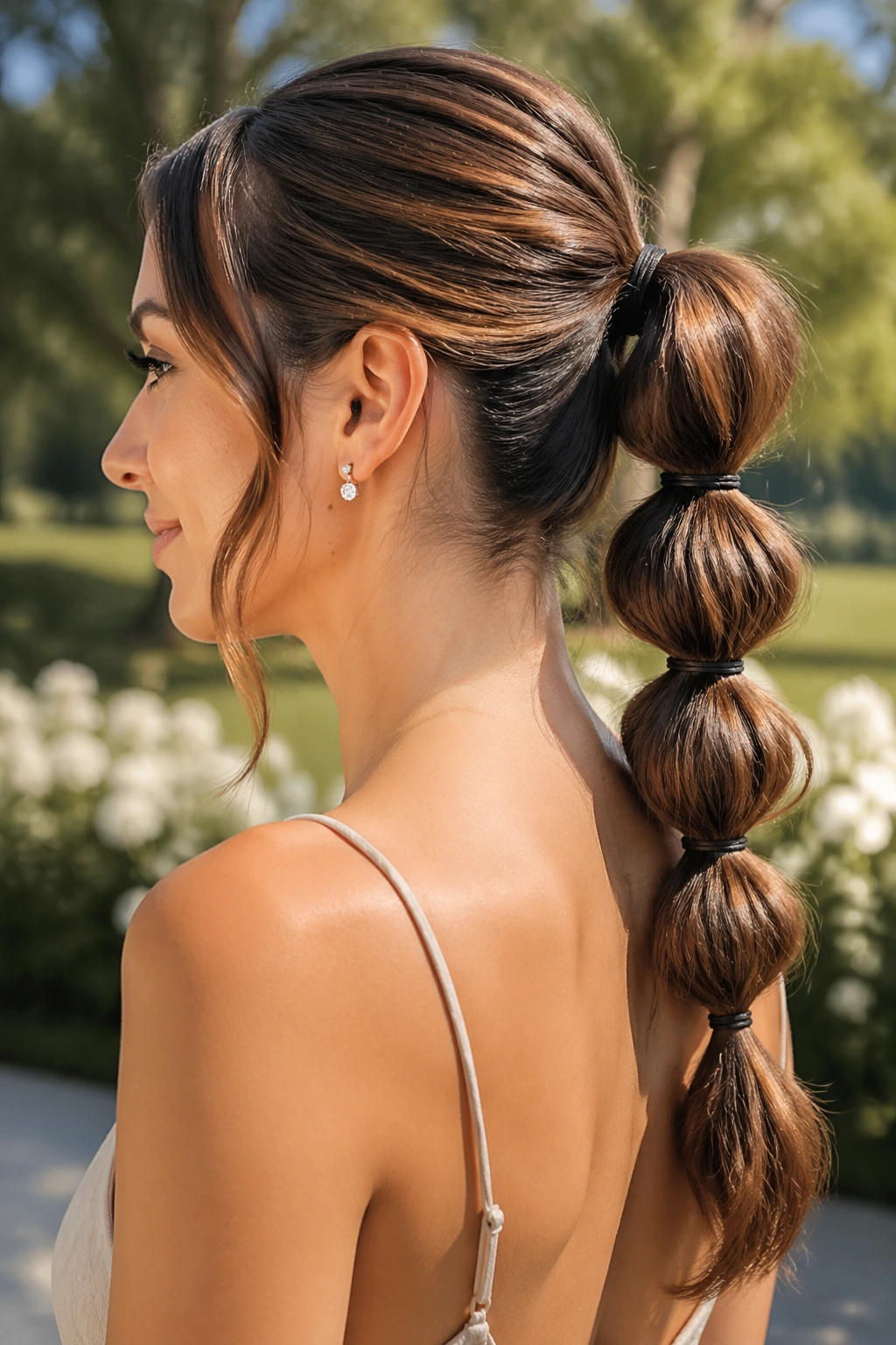 Close-up of a real person with a bubble ponytail and chestnut highlights.