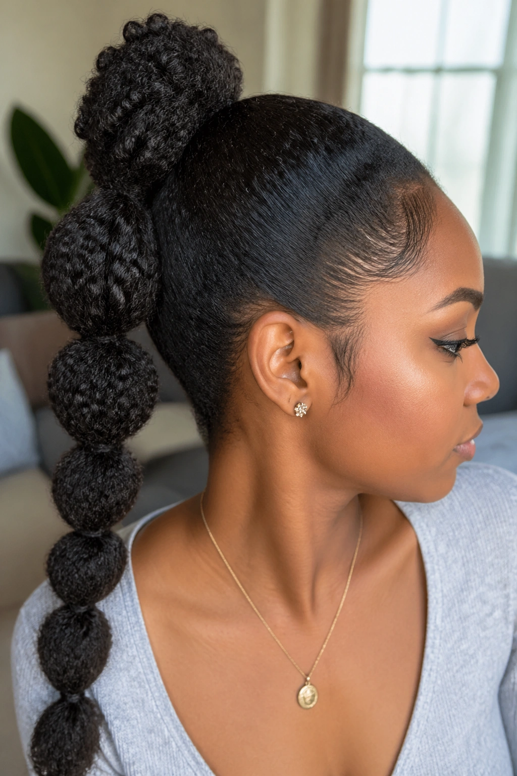 Real woman with tight coil bubble ponytail showing compact bubbles for shrinkage