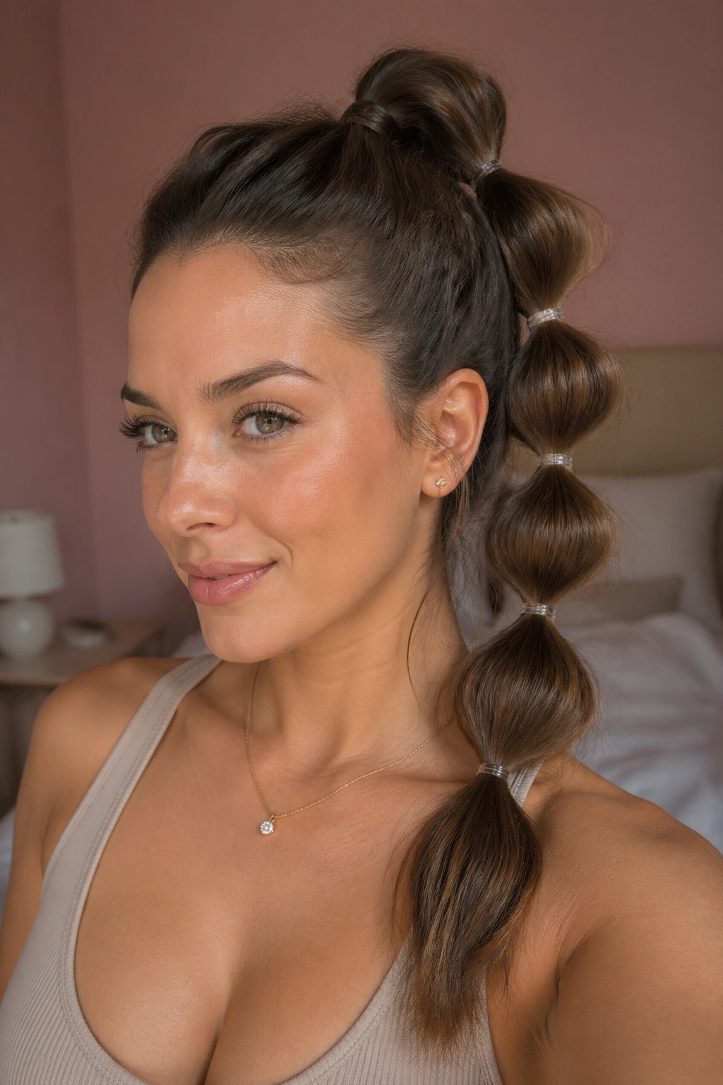 Close-up of a real woman with a high bubble ponytail, window light