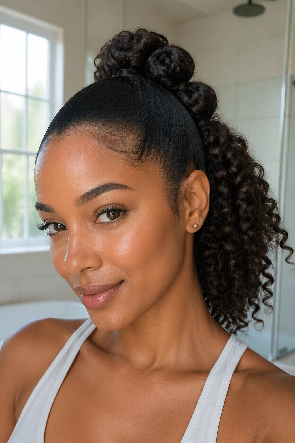 Close-up portrait of a real woman with a high crown bubble ponytail on wash-day curls in a bright bathroom