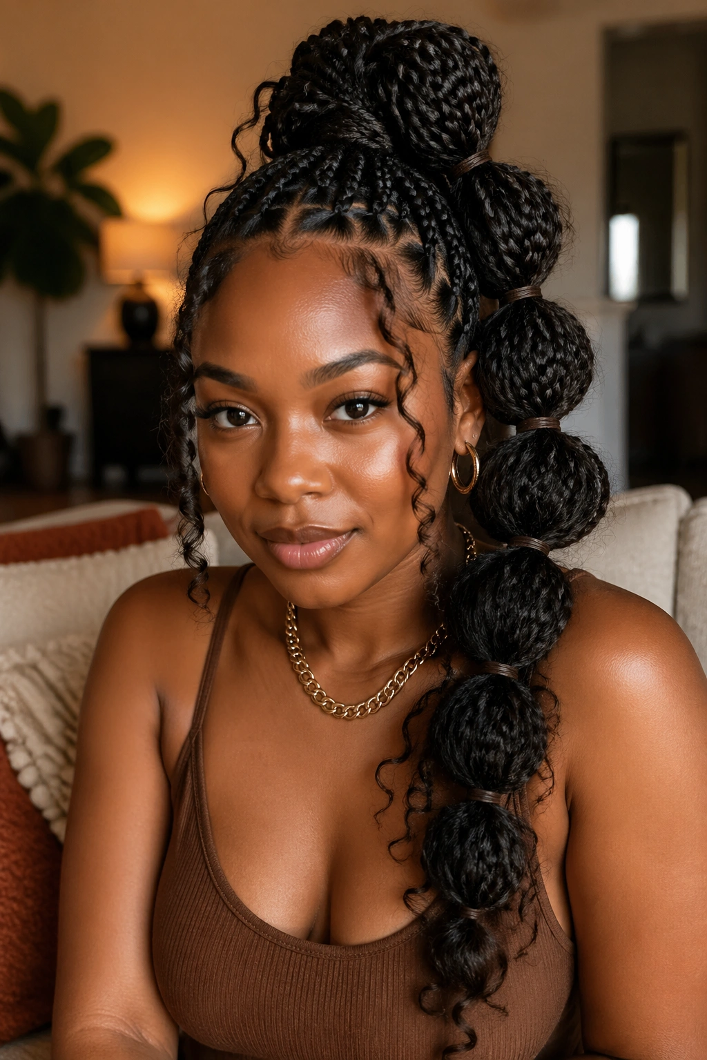 Close-up of a real woman with a bubble ponytail showing curly gaps in a cozy room