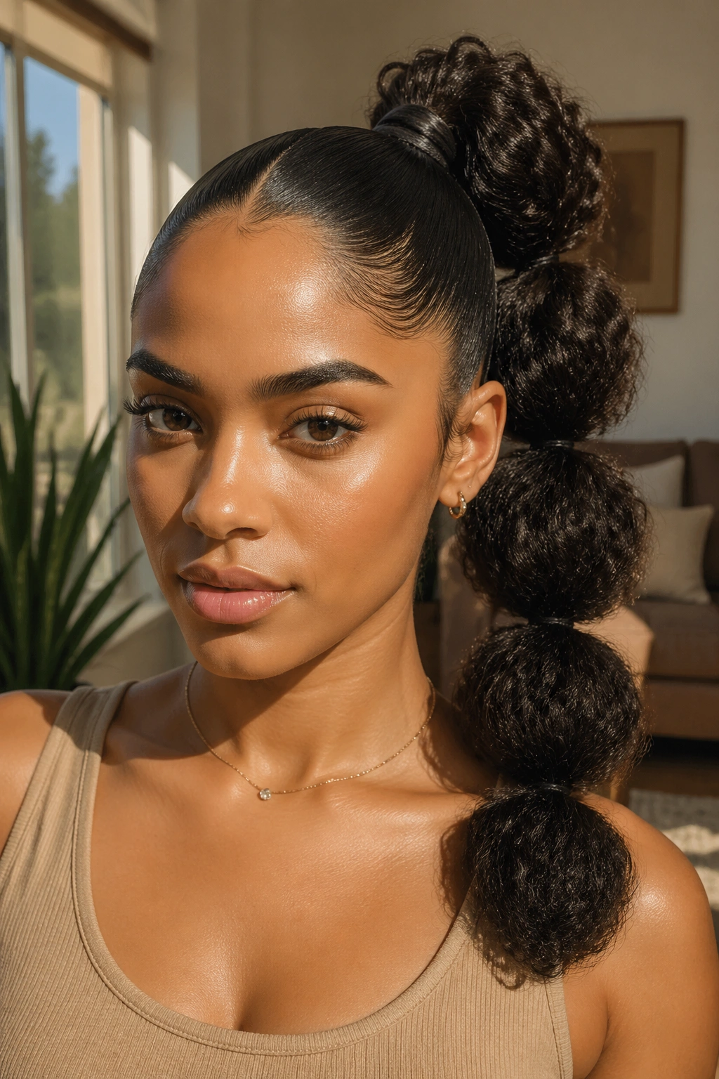 Close-up of a real woman wearing a bubble ponytail with a sleek front and puffy bubbles
