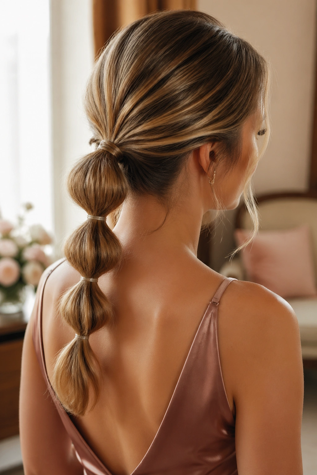 Close-up of real bridesmaid with bubble ponytail and tiny elastics at the nape