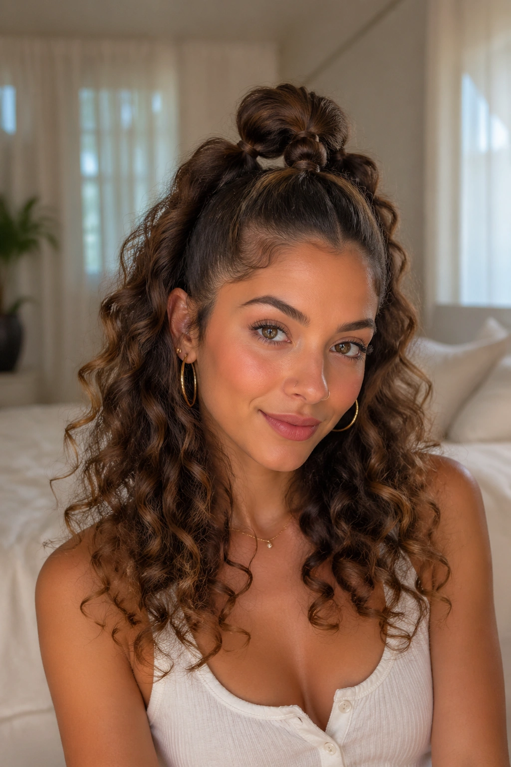 Close-up portrait of a real woman with a half-up bubble ponytail and loose ringlets