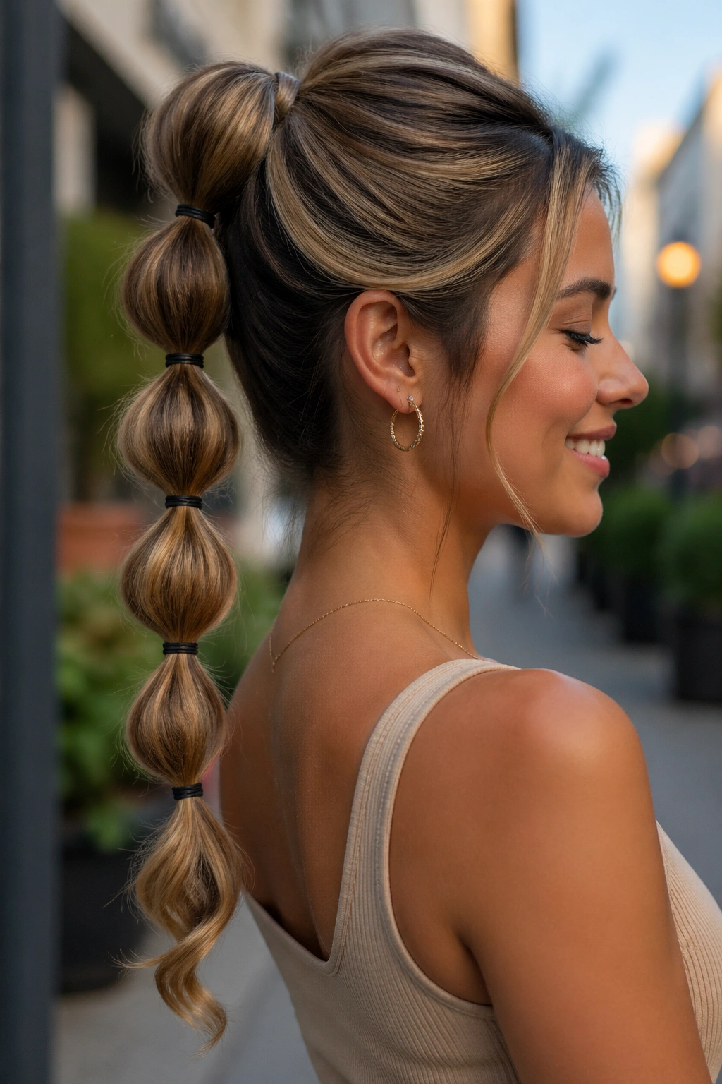 Close-up of real woman with bubble ponytail and honey highlights
