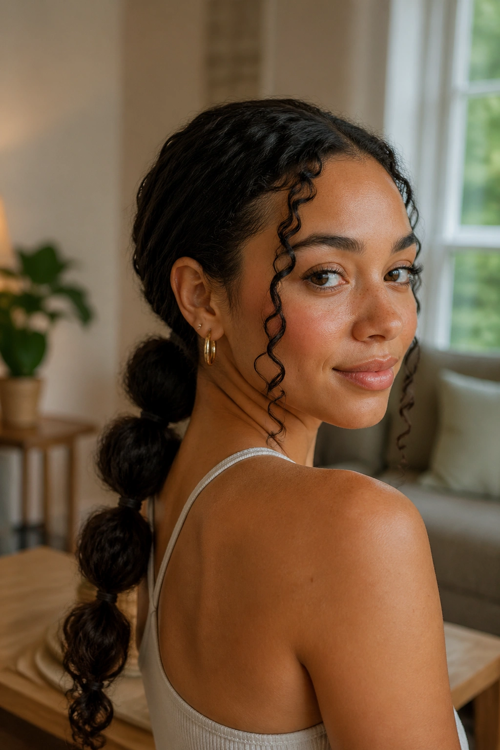 Close-up portrait of a real woman with a low nape bubble ponytail and face-framing pieces