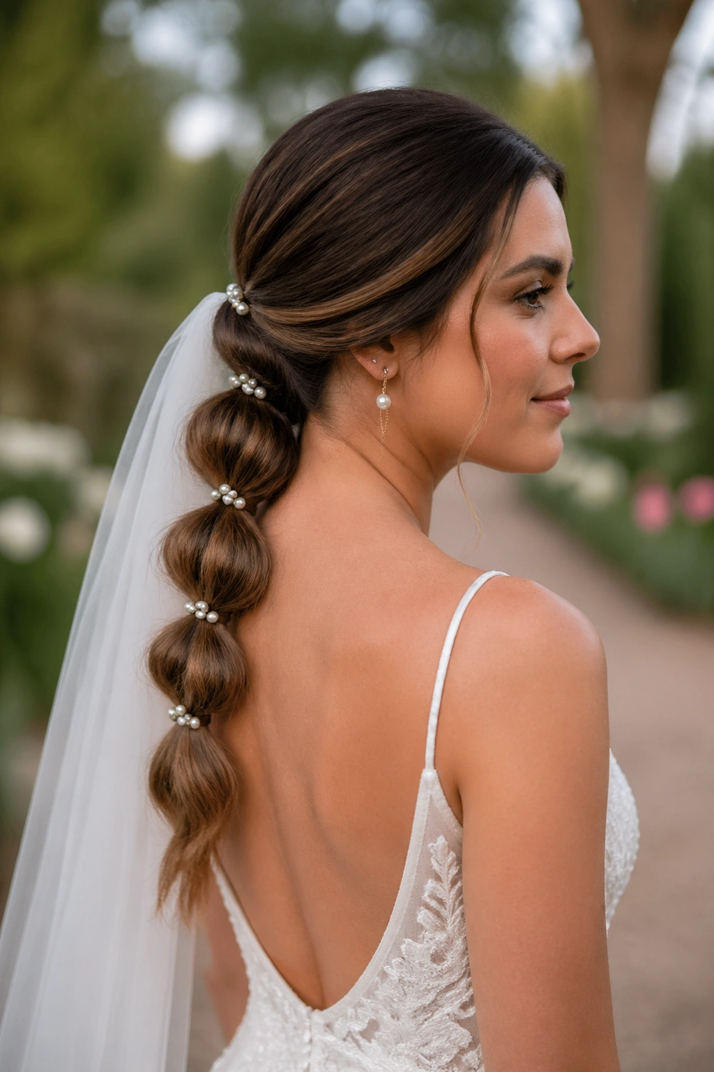 Close-up of a bride's low bubble ponytail with pearl pins in a garden setting