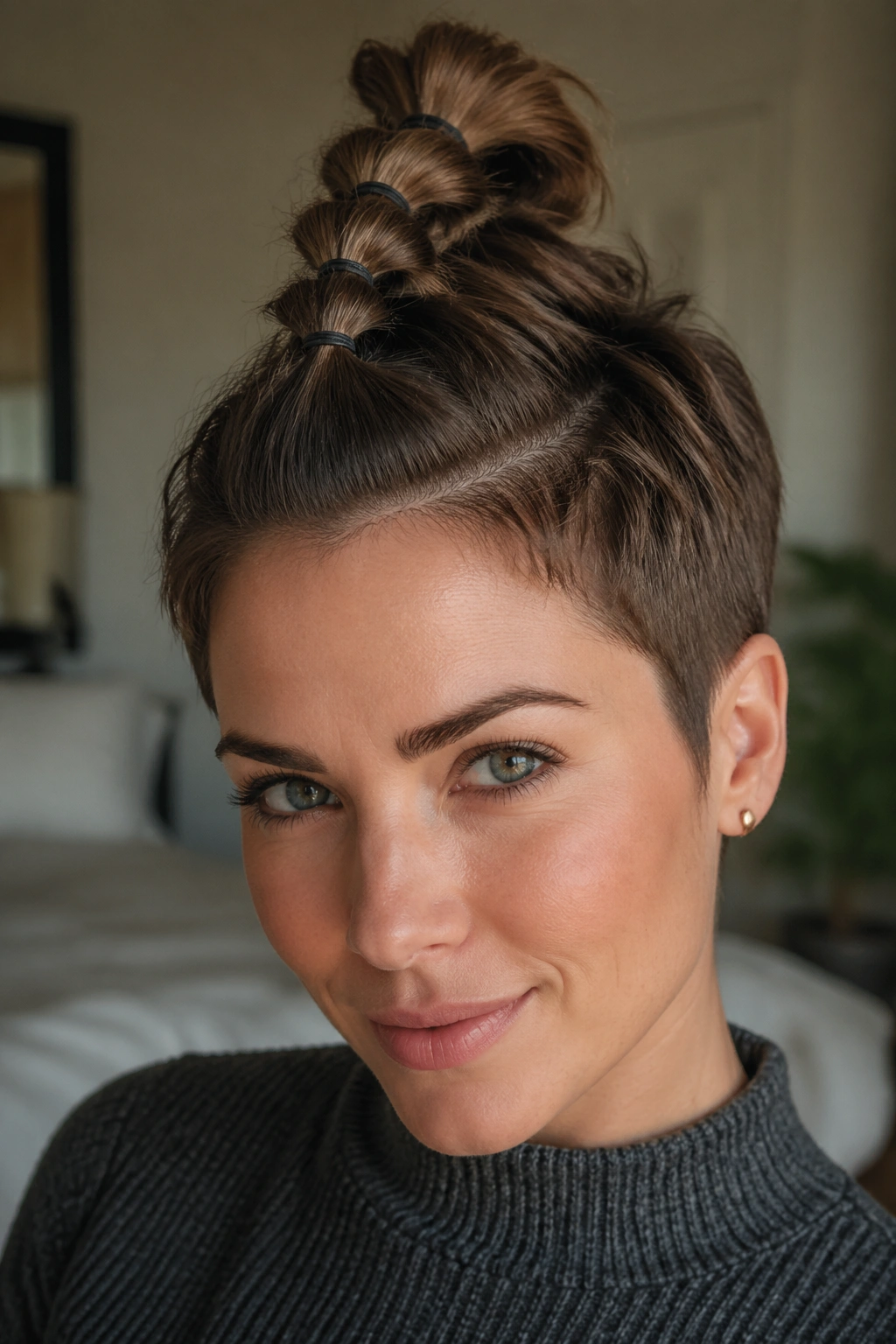 Close-up portrait of a real woman with a bubble ponytail on a grown-out pixie