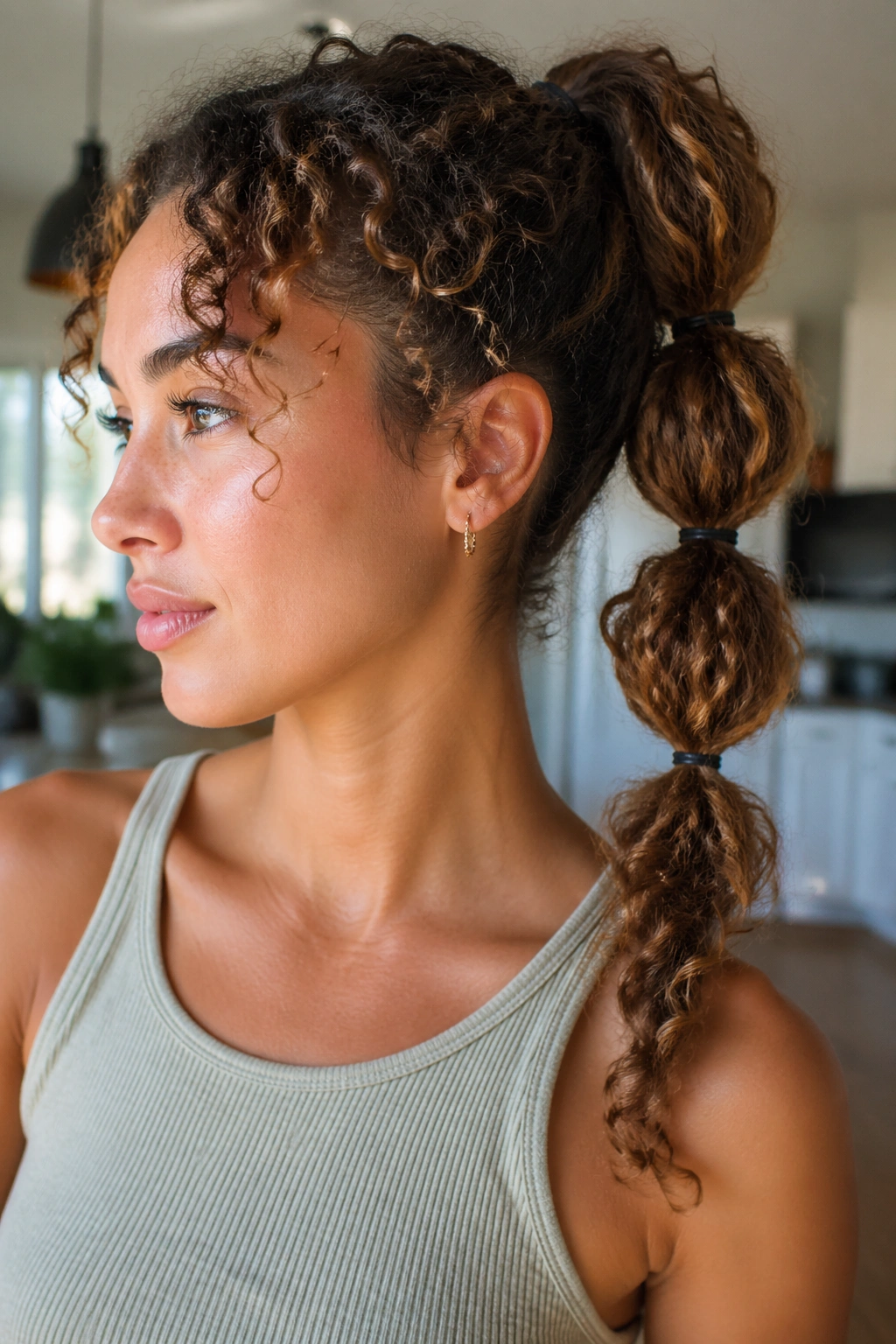 Close-up portrait of a real woman with an easy bubble ponytail in a morning home setting