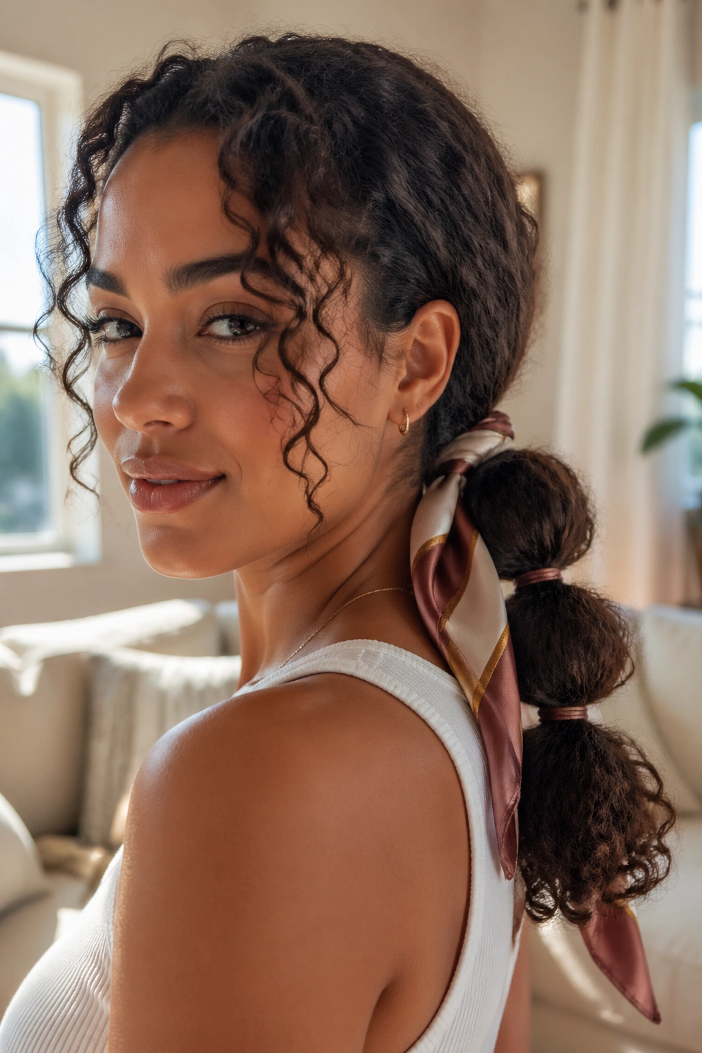 Close-up portrait of a real woman with a low bubble ponytail and scarf tie at the nape