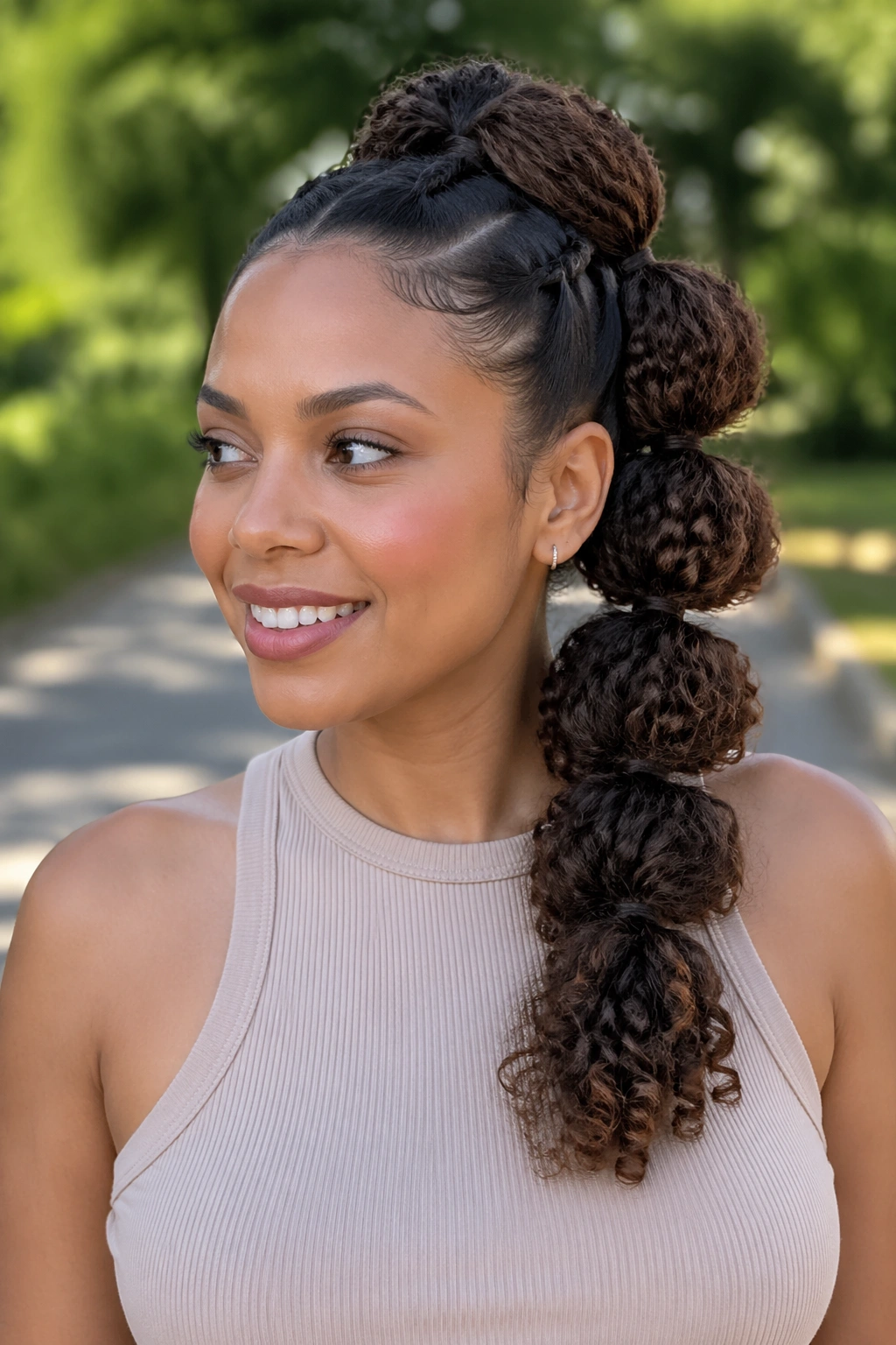 Close-up portrait of a real woman with a side-swept bubble ponytail on thick curls in a sunlit park