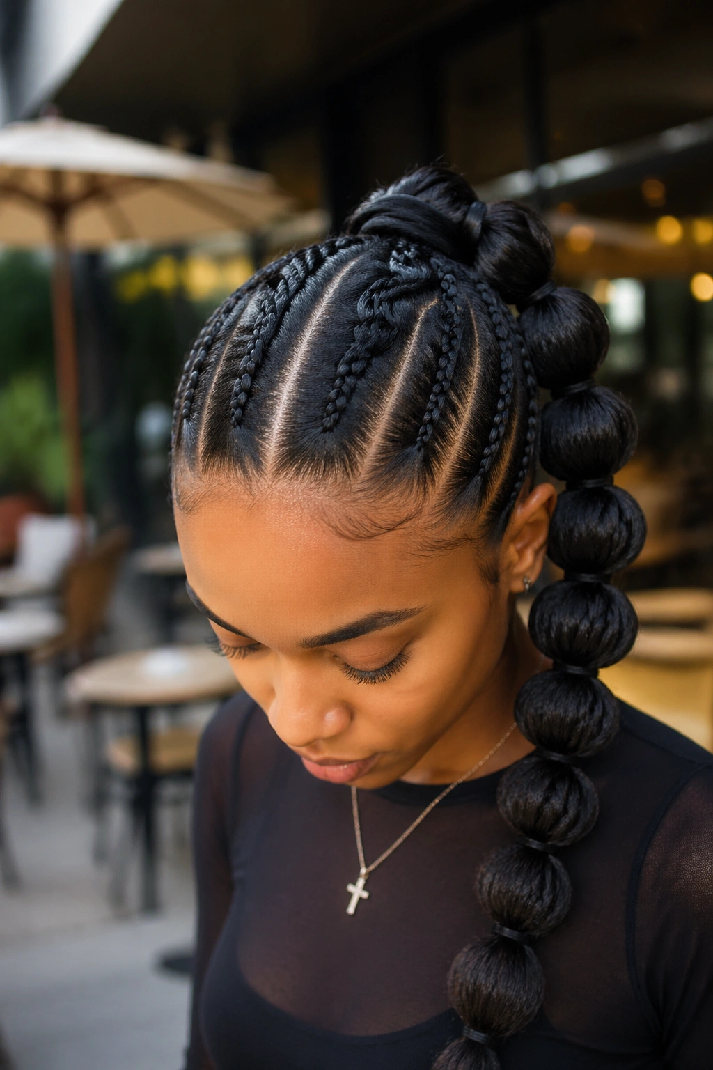 Close-up of a real person with bubble stitch braids and a center line