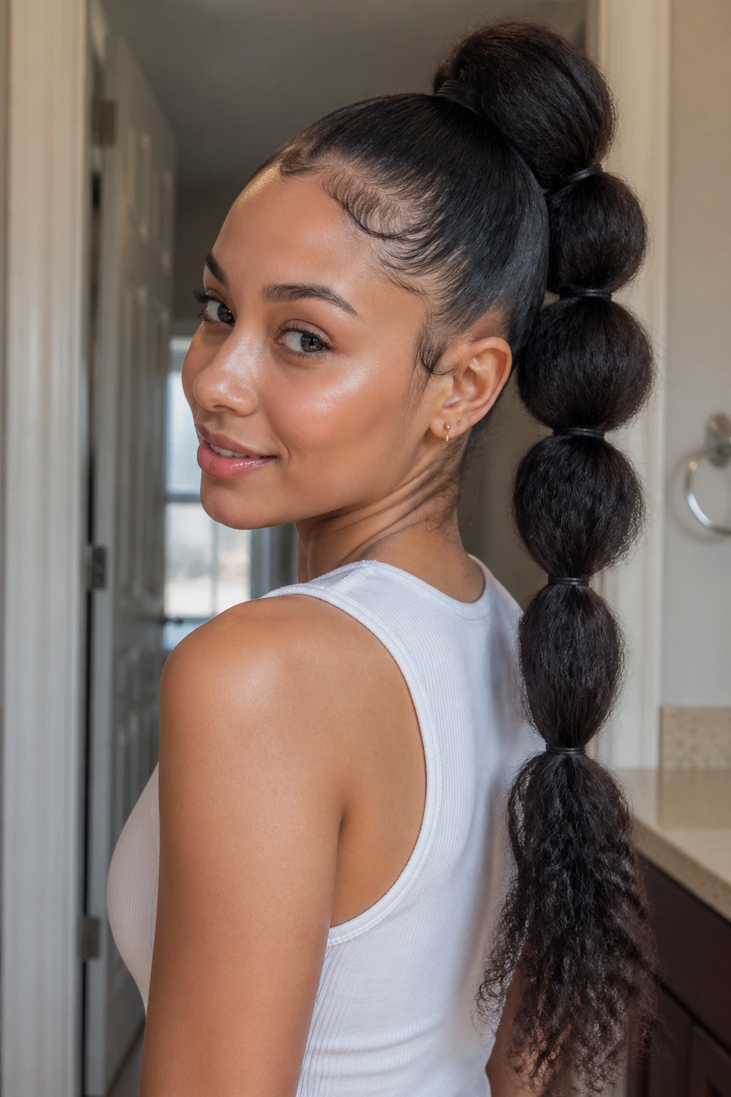 Close-up portrait of a real woman with a bubble ponytail on stretched curly hair