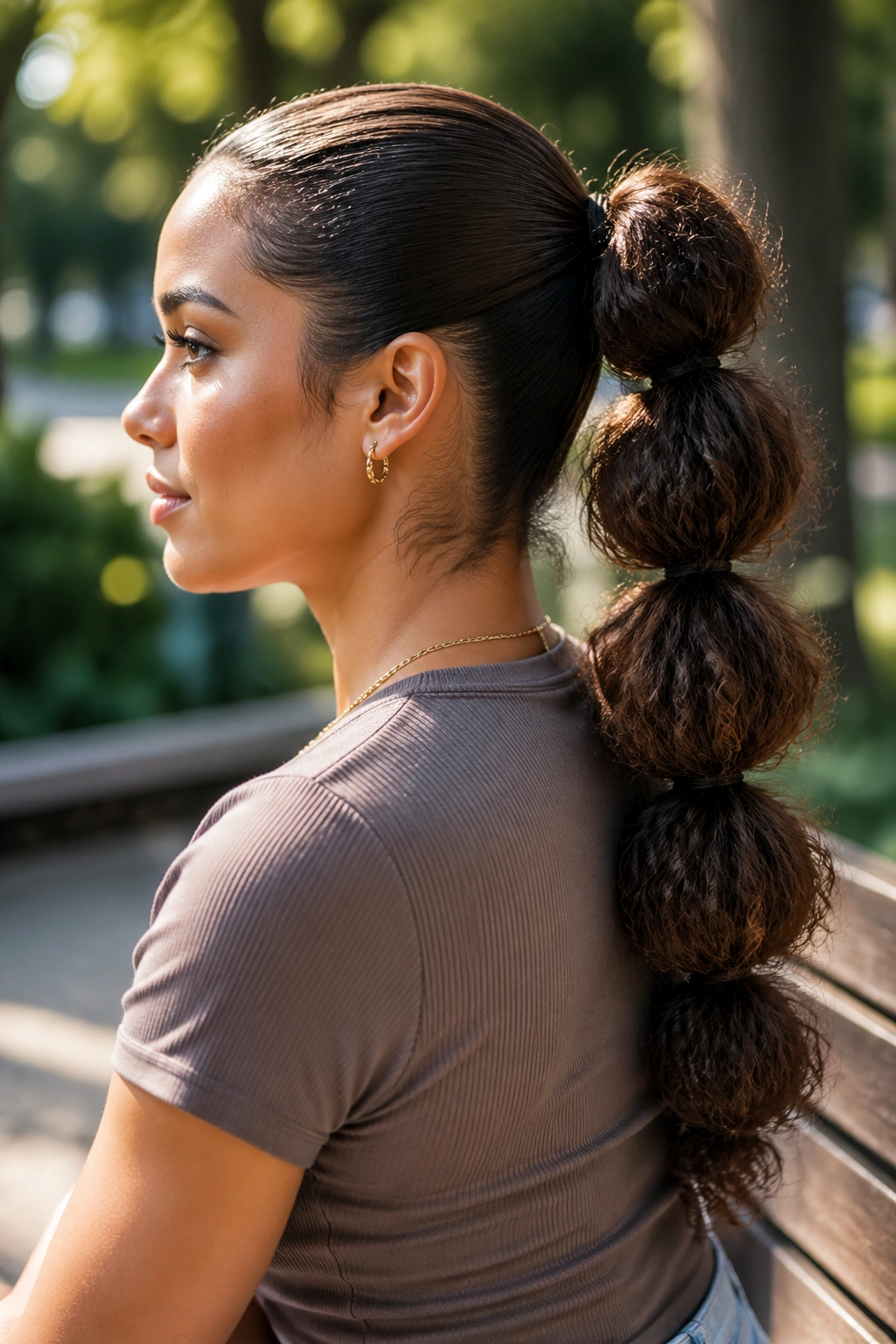 Close-up portrait of a real woman with bubble ponytail featuring two texture zones