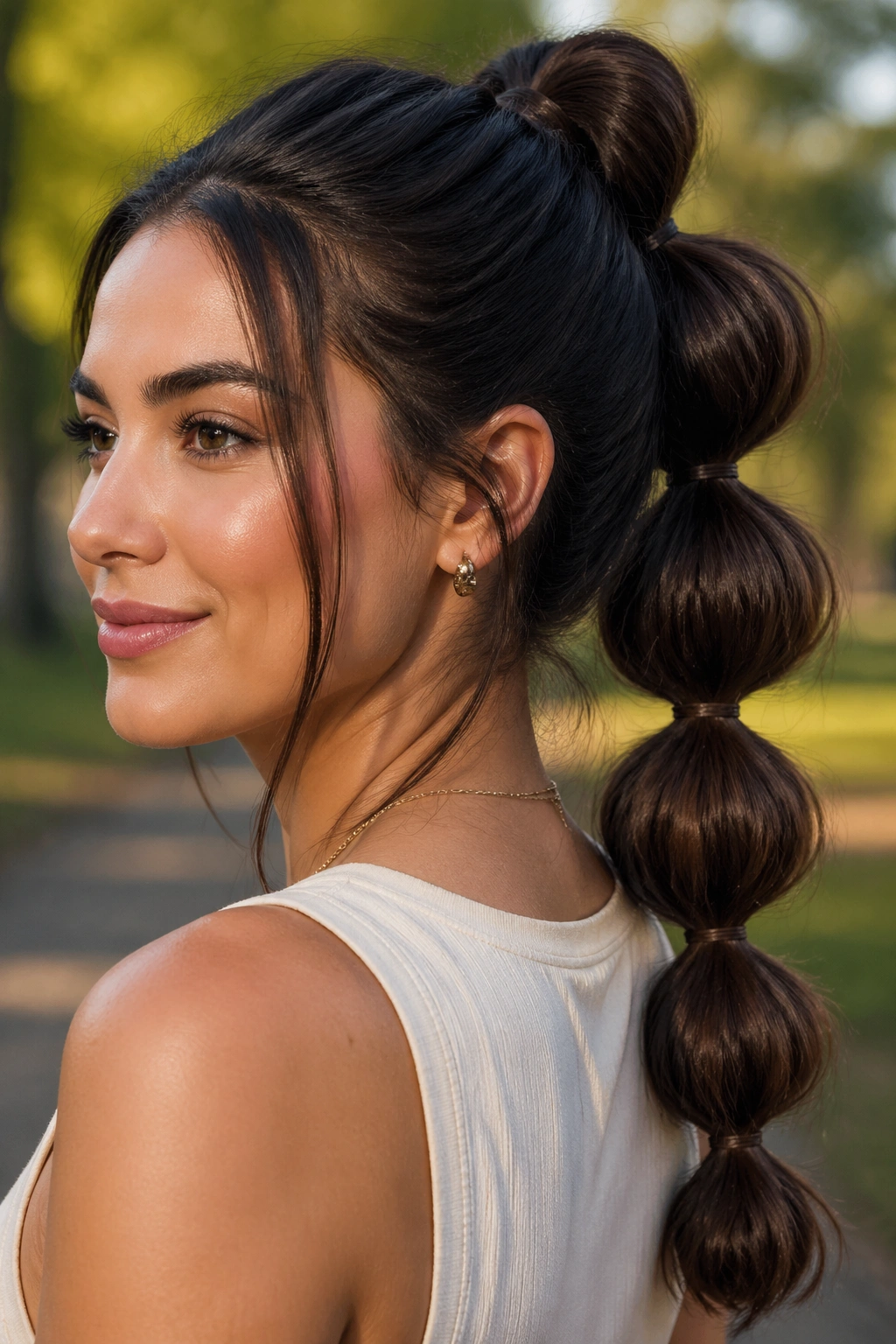 Close-up of a real person with a bubble ponytail showing segmented ponytail bubbles