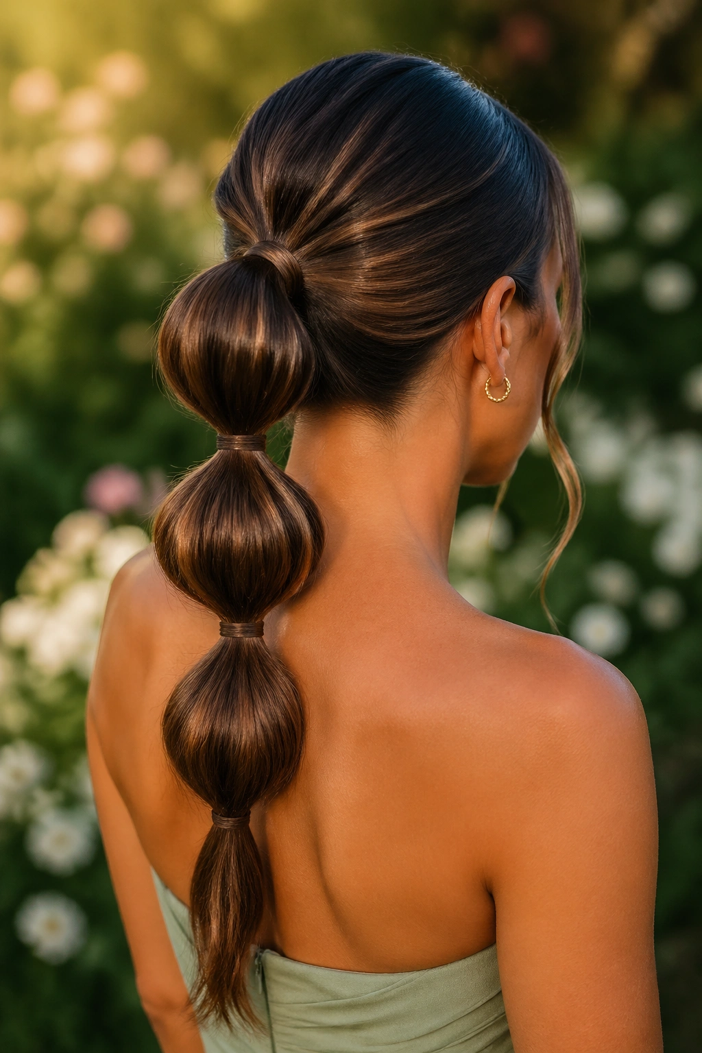 Real woman showing a bubble ponytail with evenly spaced sections outdoors