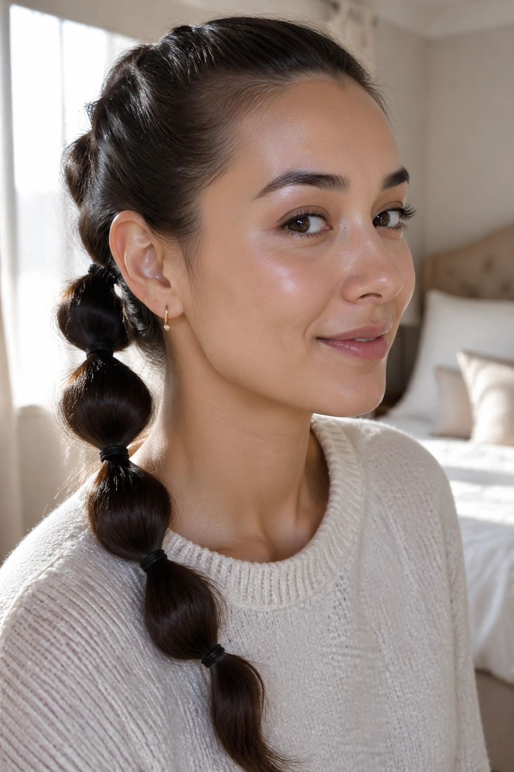 Close-up of a real woman with a bubble rope braid showing elastic bubbles along the length