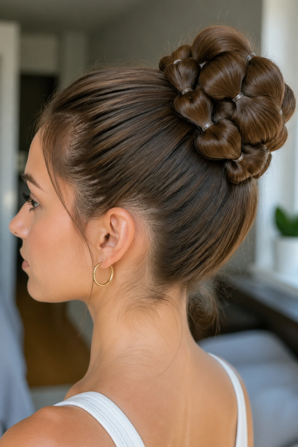 Close-up of a real person with bubble rope braid bun showing visible elastic bubbles.