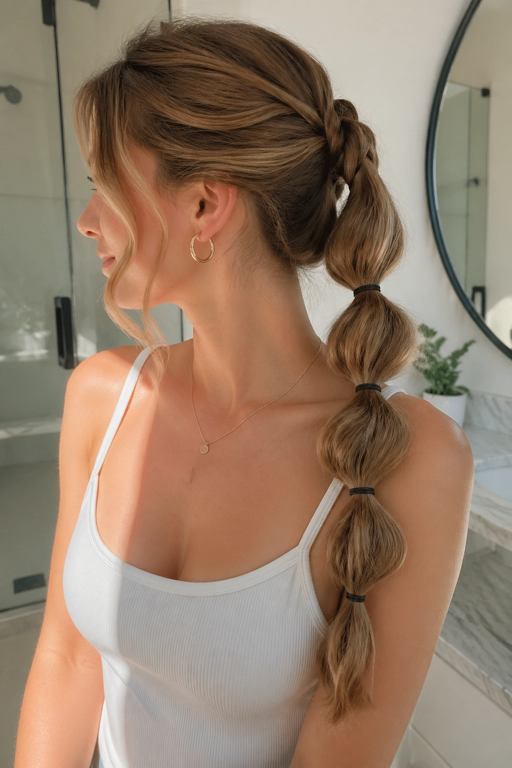 Close-up of bubble-ended rope braid ponytail with elastics forming bubbles.