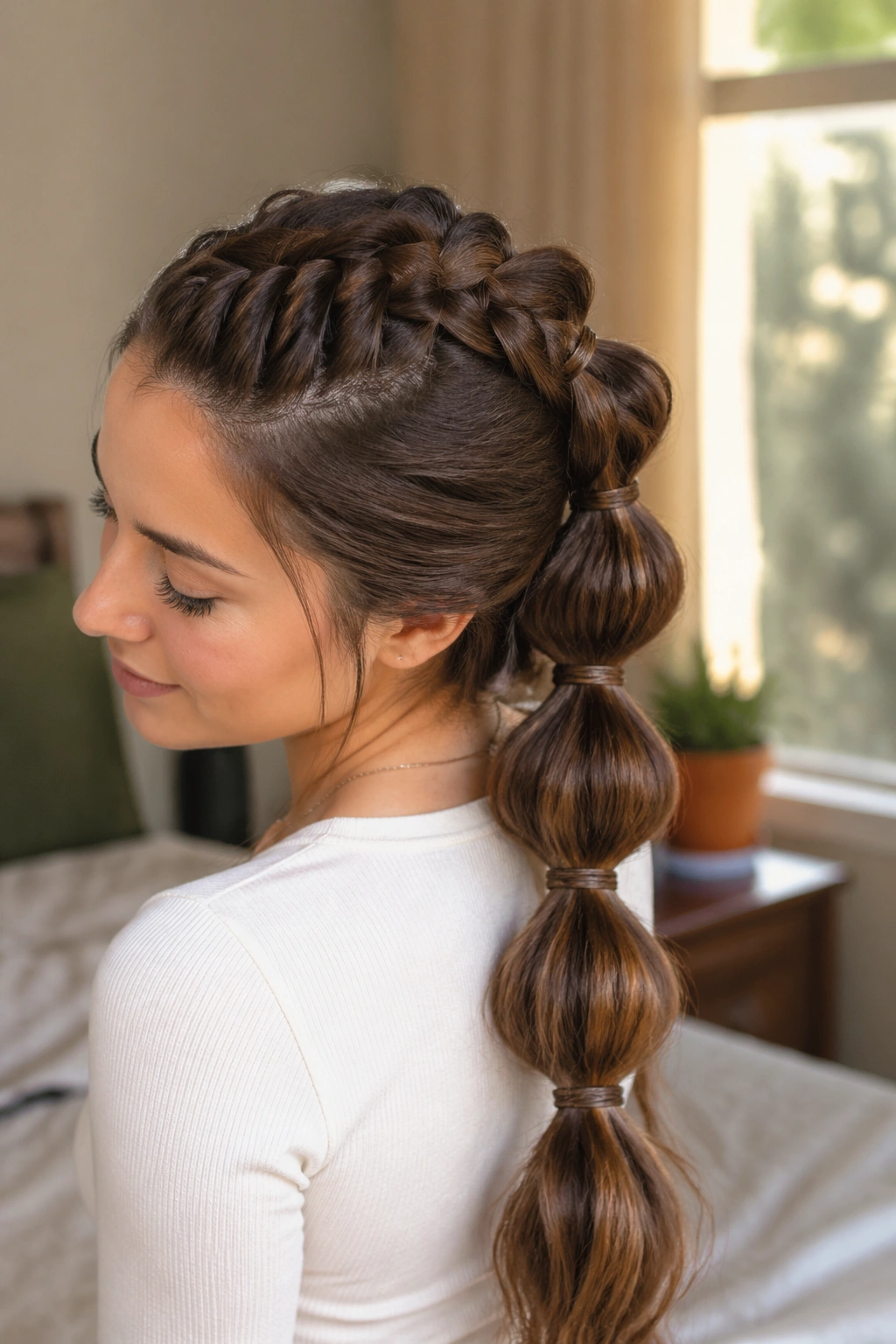 Close-up portrait of a real woman with a bubble-snake ponytail for extra long hair, highlighting segmented bubble sections and a snake braid.