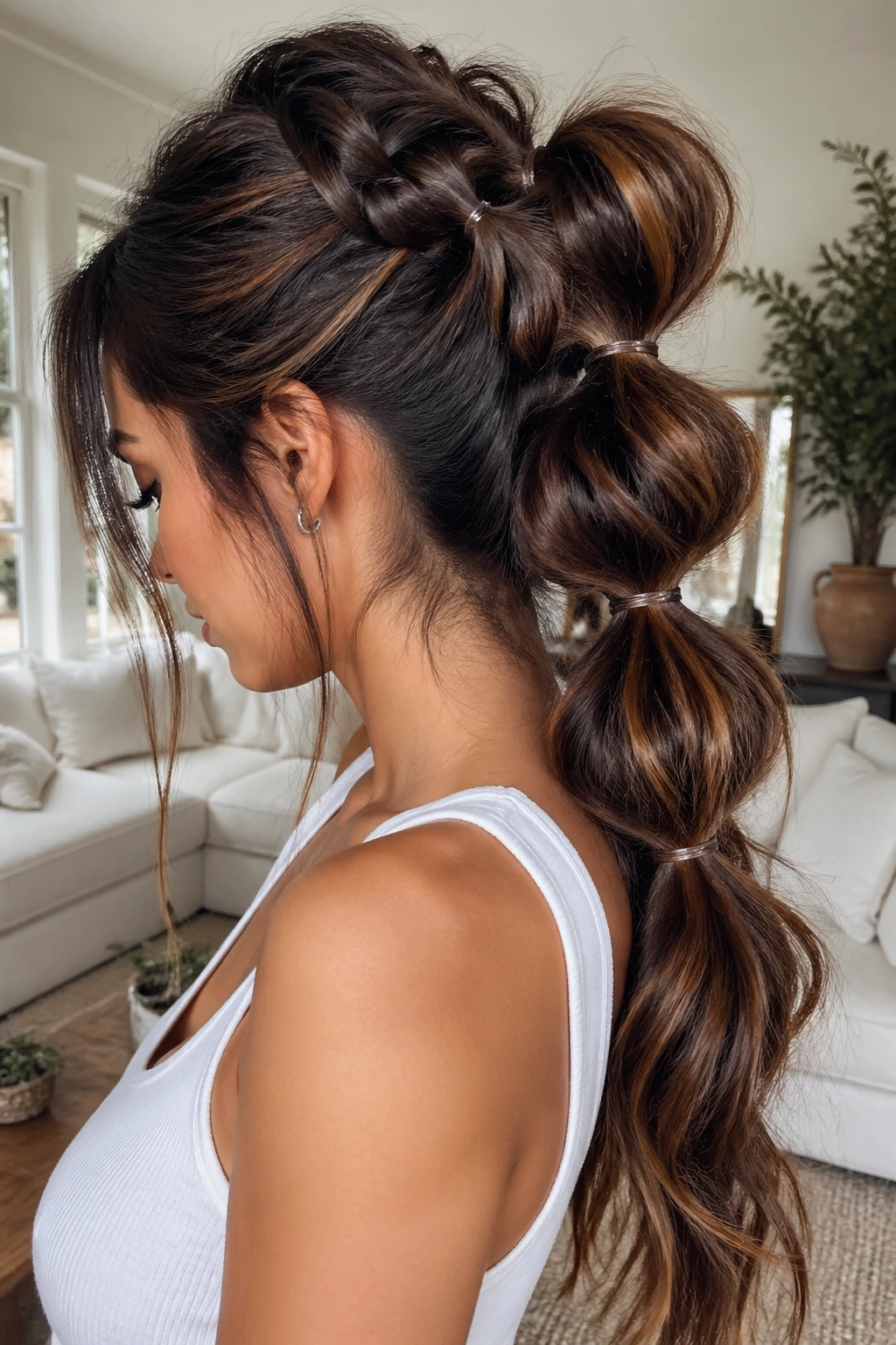 Close-up of a real woman with a bubble-stack butterfly braid ponytail on heavy layered hair