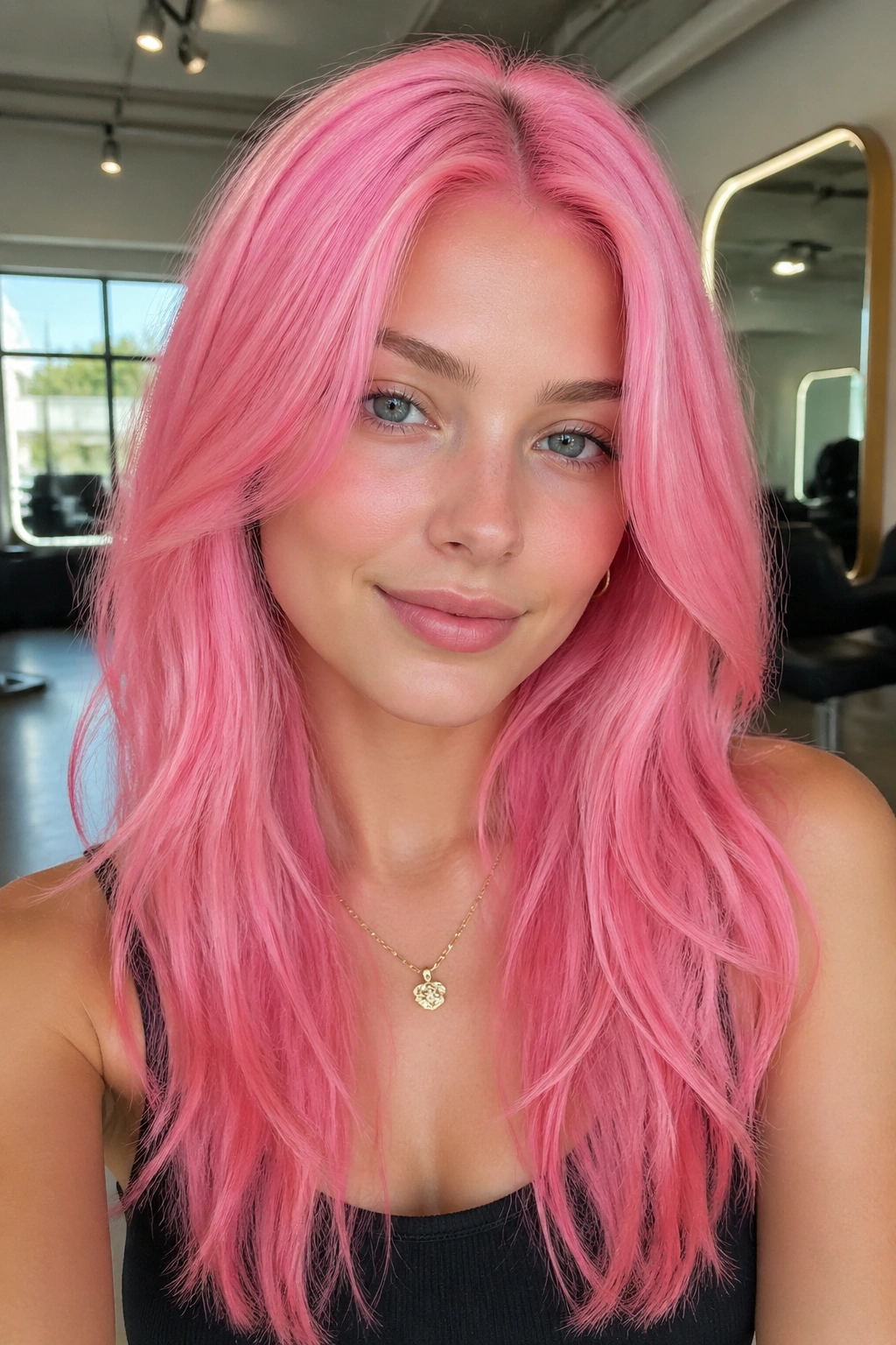 Close-up portrait of a real woman with all-over bubblegum pink hair on a pale blonde base.