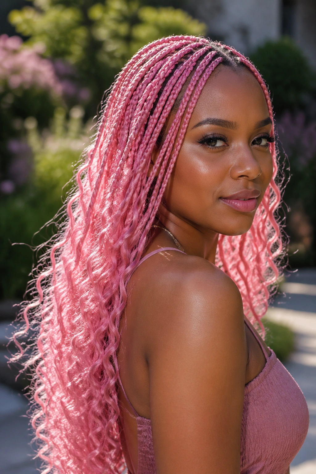 Close-up portrait of a real woman with bubblegum pink boho braids and water-wave ends