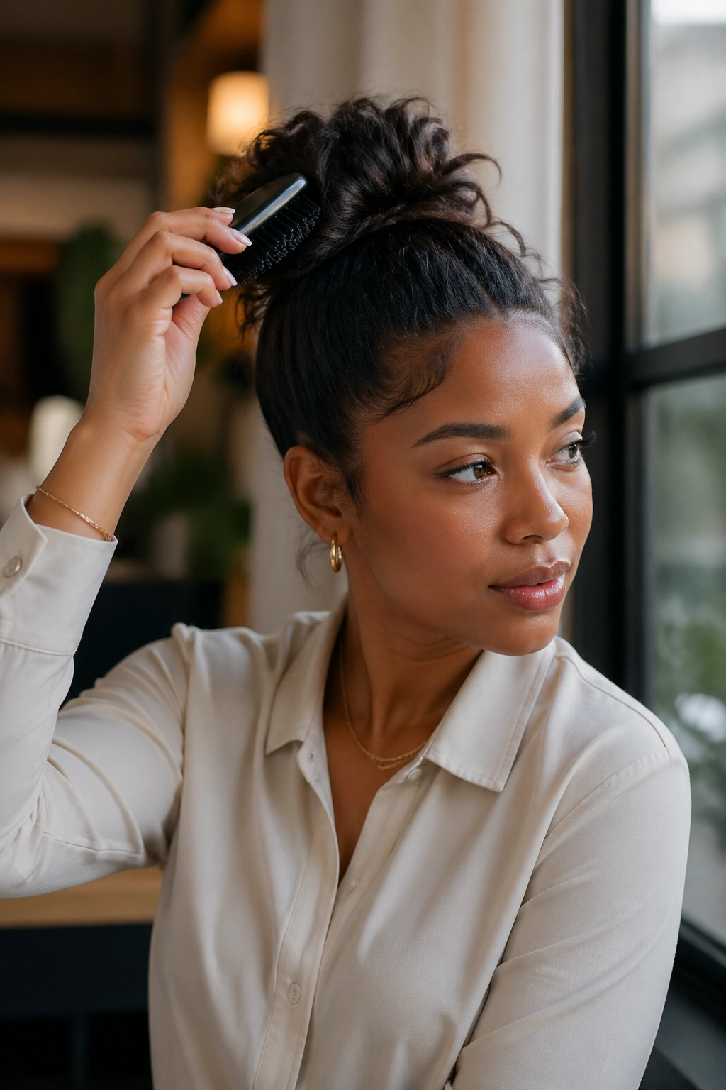 Portrait of a woman adjusting her bun to maintain its look during the day