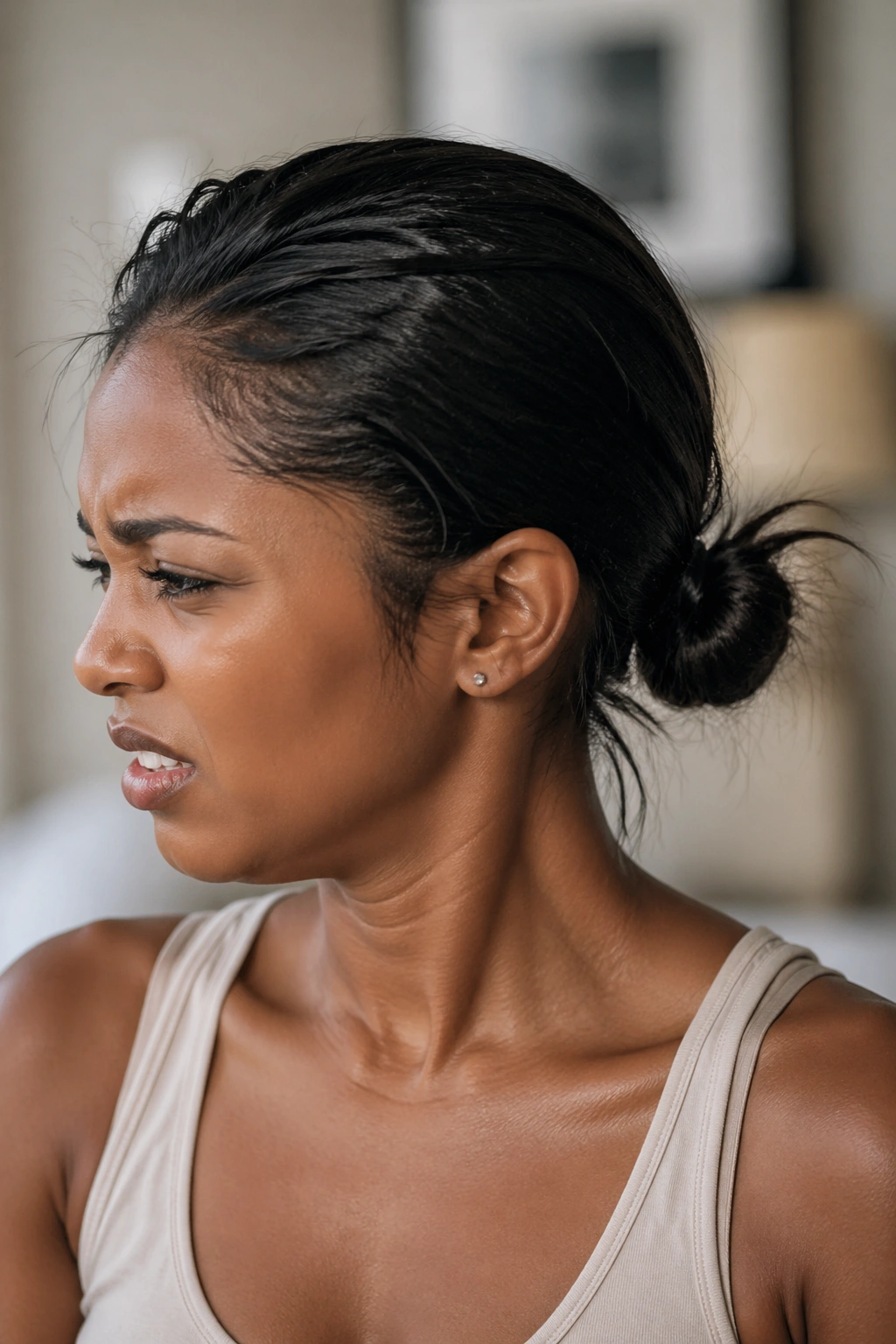 Close-up of a person with a bun that is too tight and low, illustrating a common mistake