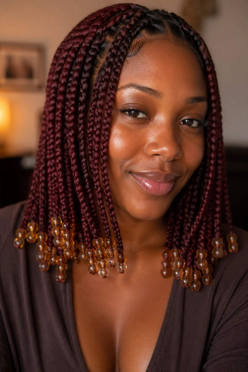 Real person with burgundy knotless braids and amber end beads