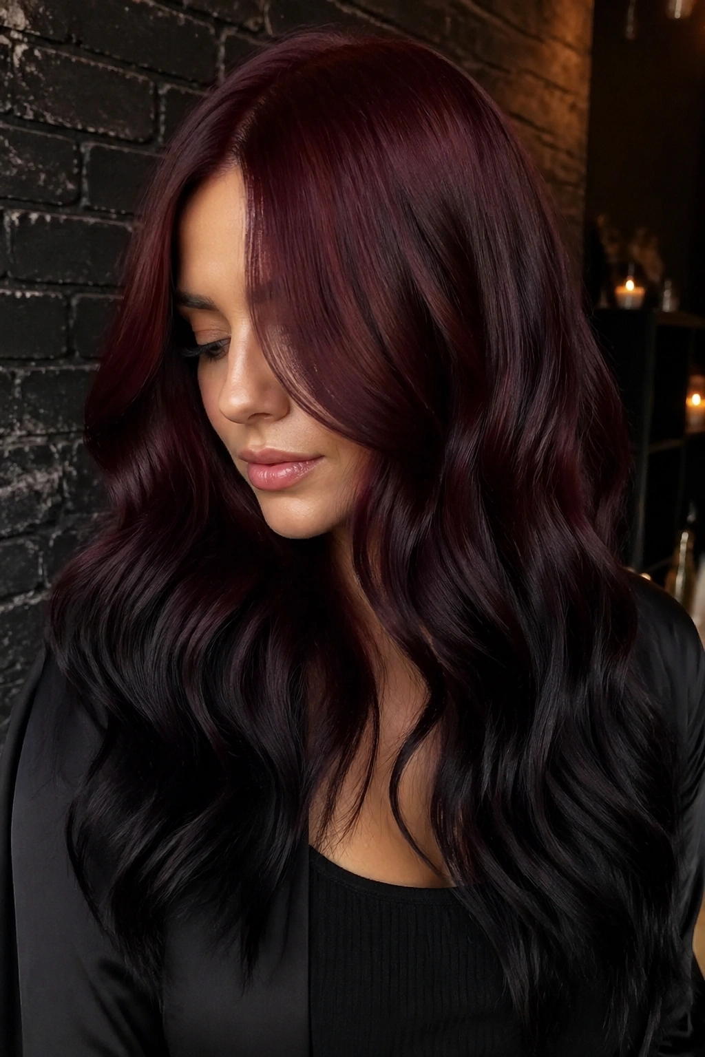 Close-up real person with burgundy to blackberry ombre