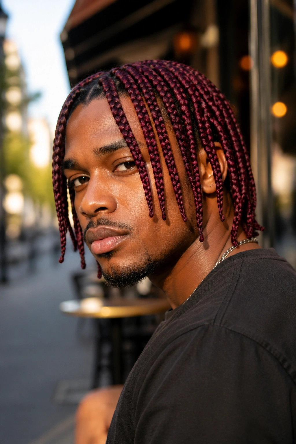 Close-up portrait of a real person with burgundy medium box braids, golden-hour light