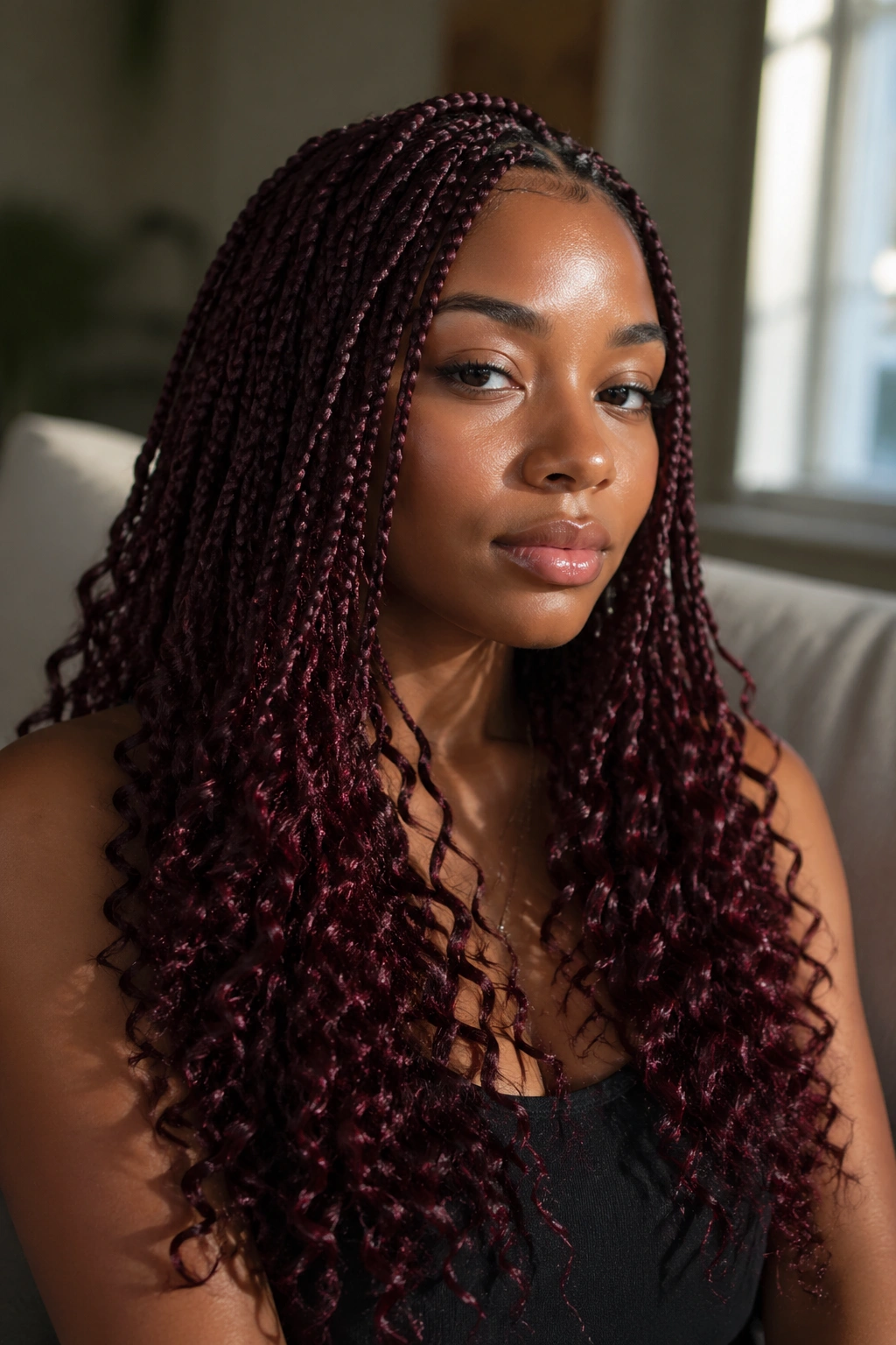 Close-up portrait of a real woman with burgundy small goddess knotless box braids, side lighting.