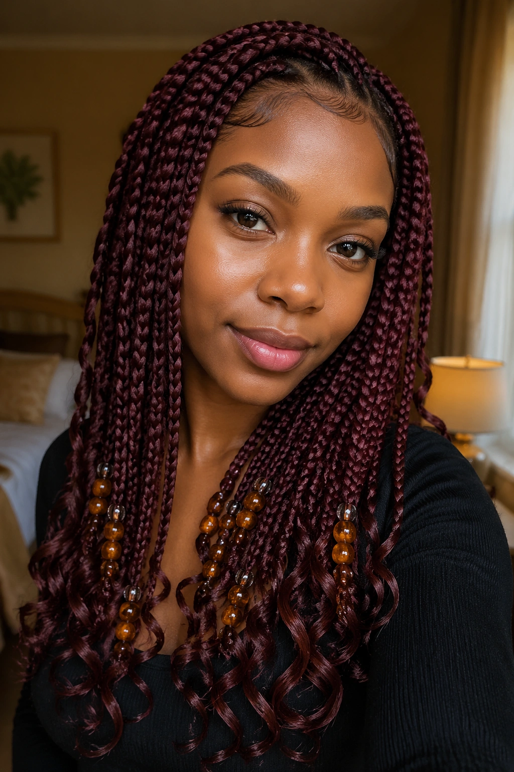 Close-up of burgundy goddess box braids with amber beads on a real person