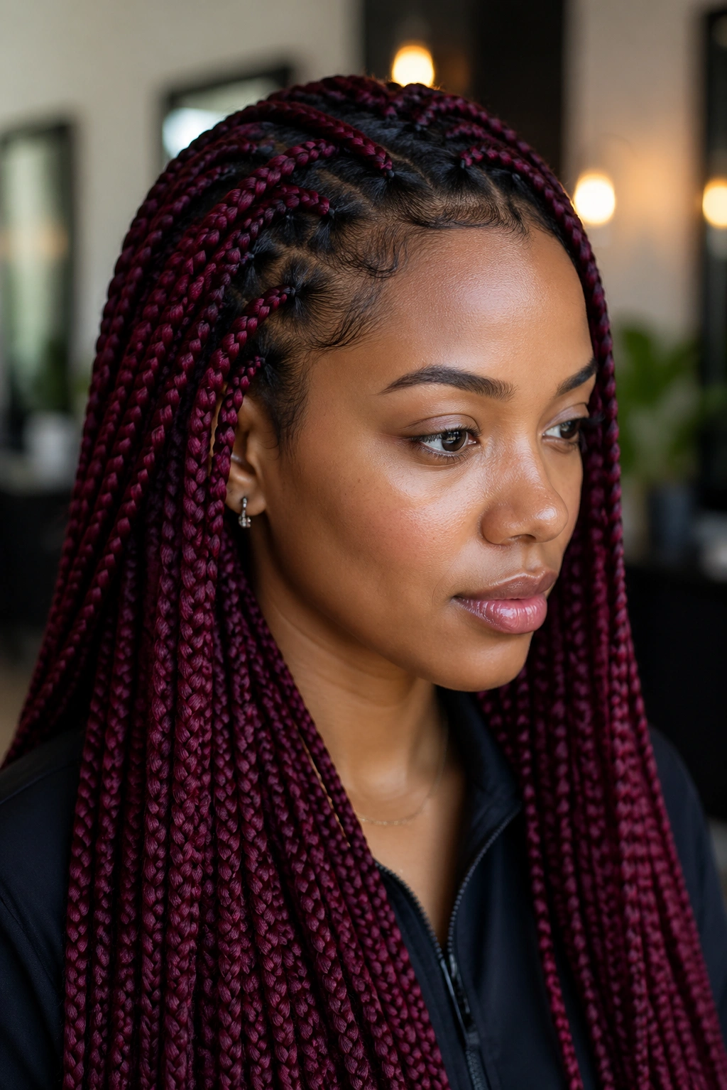 Close-up of a real woman with burgundy and black root-smudged braids
