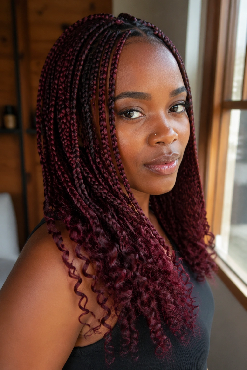 Real woman with burgundy box braids and curly ends near a sunlit window