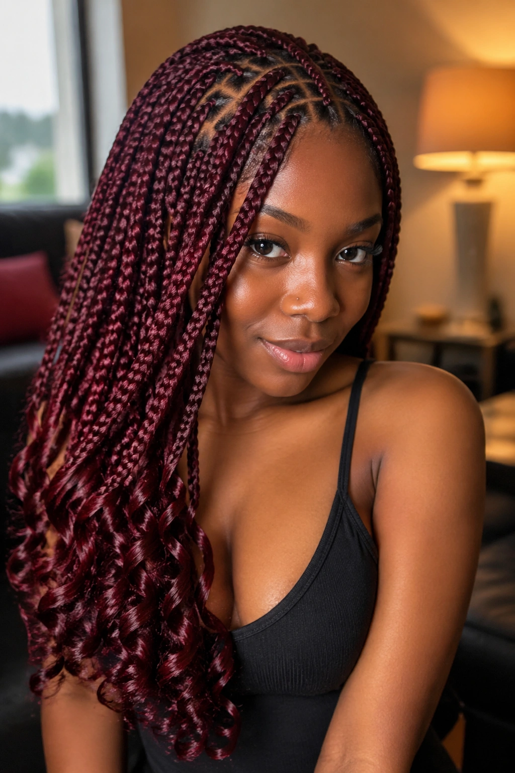 Close-up of burgundy triangle-part box braids with glossy curls on a real person