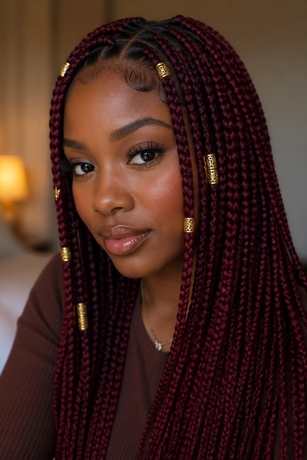 Close-up of burgundy knotless box braids with gold bead accents on a real person